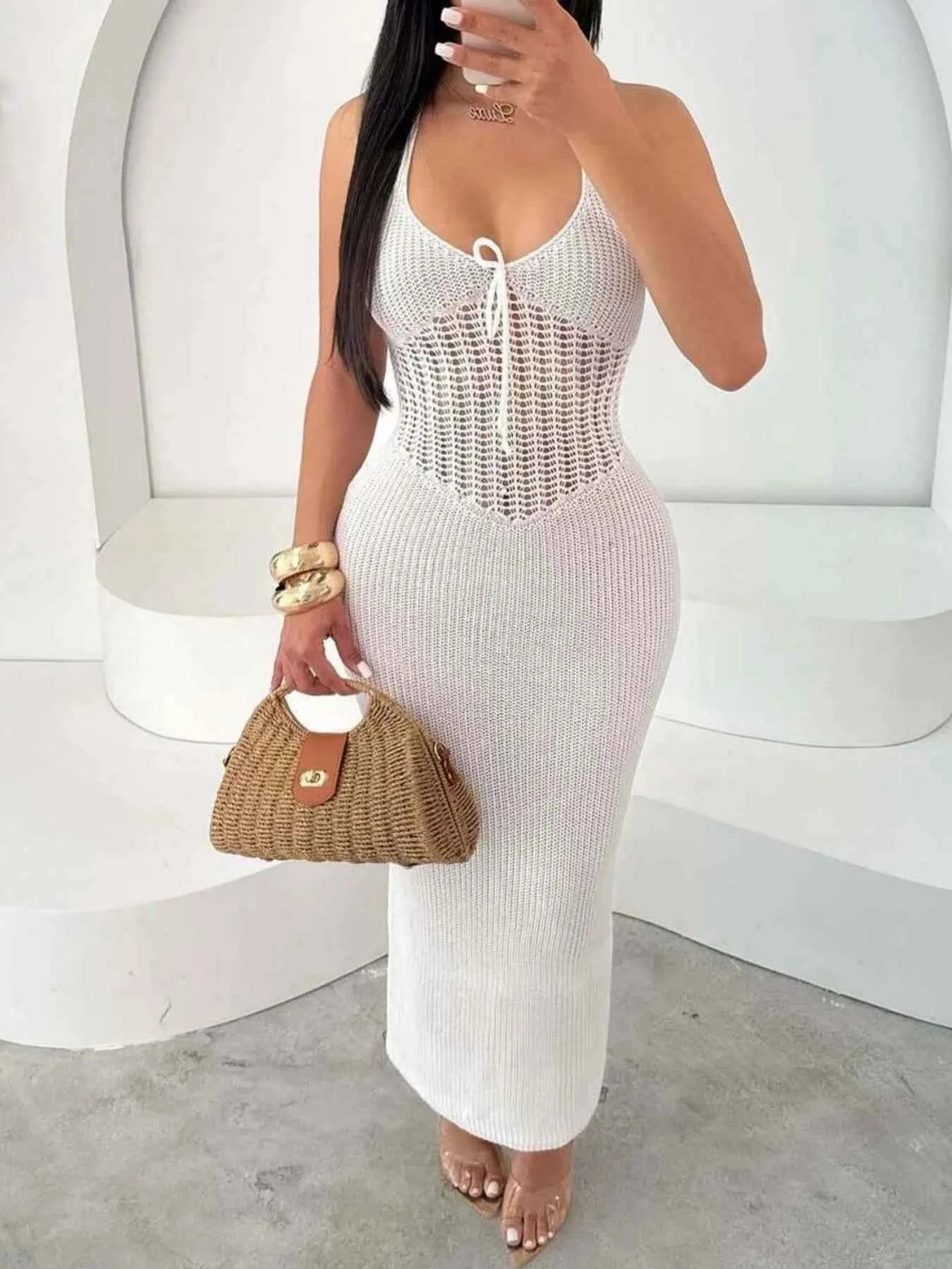 Openwork Halter Neck Sweater Maxi Dress White e19e0ac3-3dc2-4827-9441-6b9cf1878bf8-Max-Origin