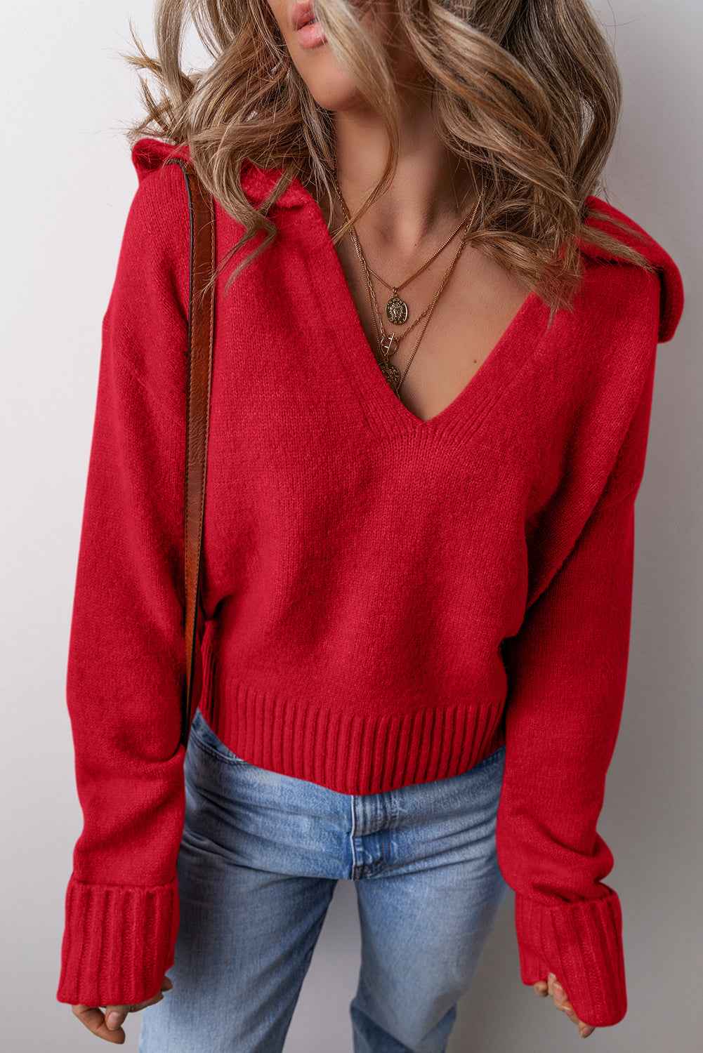 Racing Red Ribbed Edge Collared V Neck Loose Fit Sweater Racing Red 52%Viscose+26%Polyester+22%Polyamide e1abb788f1bb928b