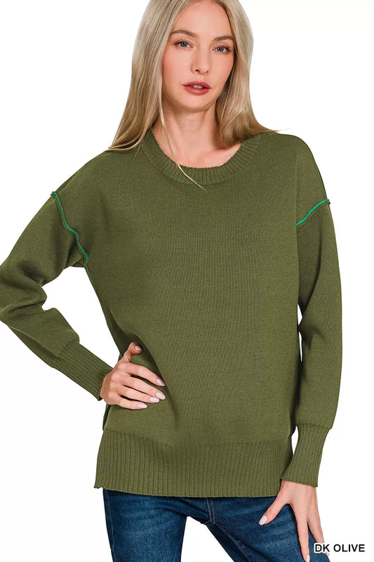 Round Neck Contrast Trim Sweater DK OLIVE K GREEN e1ad526a-ccc6-4c37-80b7-55a017cc3a53-Max-Origin