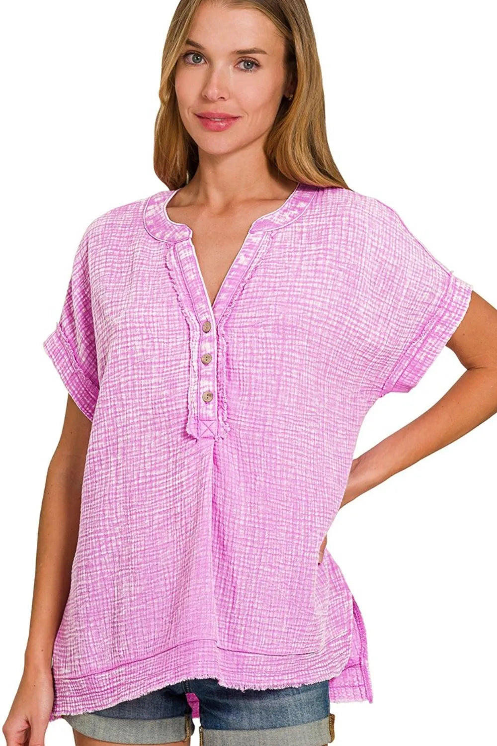Zenana Washed Double Gauze 3/4 Button Henley Neck Shirt BRIGHT MAUVE e1afe579-d799-4da8-8c40-55cca4559432-Max-Origin
