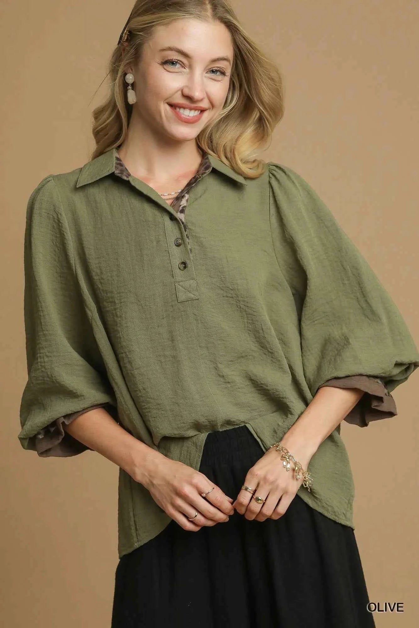 Umgee Half Button Blouse with Leopard Print Trim Olive e1b0b7aa-fc57-4097-a7bc-8f1e4b9c5789-Max-Origin