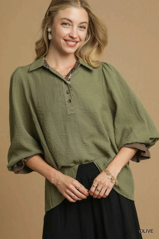 Umgee Half Button Blouse with Leopard Print Trim Olive e1b0b7aa-fc57-4097-a7bc-8f1e4b9c5789-Max-Origin