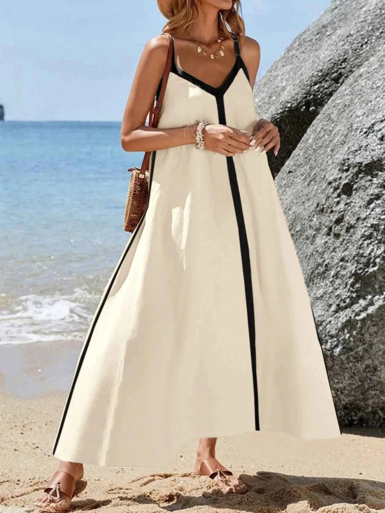 Contrast Trim V-Neck Maxi Dress Tan e1b38ef8-ac0e-455f-84d2-f8f1fb78f6b8-Max-Origin