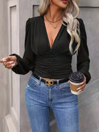 V-Neck Ruched Long Sleeve Blouse e1b38fa743014a13b5c0362853632650-Max-Origin