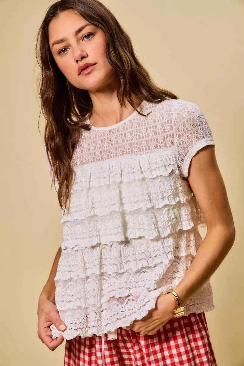 SO ME Ruffle Tiered Stretch Lace Short Sleeves Knit Top e1b3eb9039c64bd486b1c5a59c68d797-Max-Origin