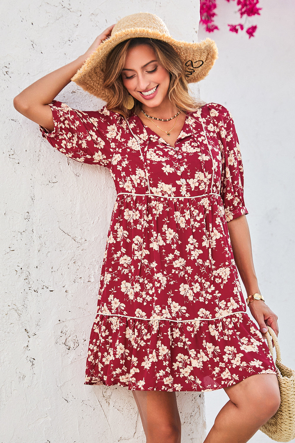 Yellow Floral Print Contrast Trim Button Tie Neck Swing Dress e1b8d7a9b5af4719