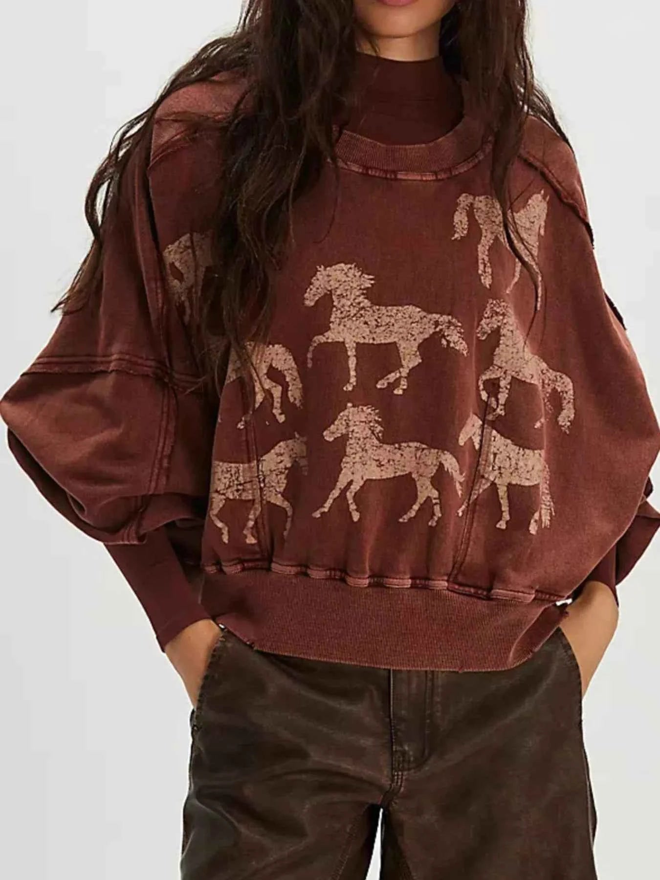 Printed Round Neck Dropped Shoulder Sweatshirt Dark Brown e1befde7-f9ca-4716-8728-6c893274d7e4-Max-Origin
