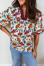 Multicolour Contrasted V Neckline Floral Puff Short Sleeve Blouse e1c0f4ea04126c85