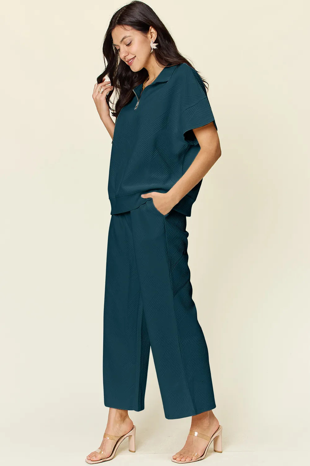 Double Take Full Size Texture Half Zip Short Sleeve Top and Pants Set e1c3c4a8-2b21-4cba-bb7e-509df492b556-Max