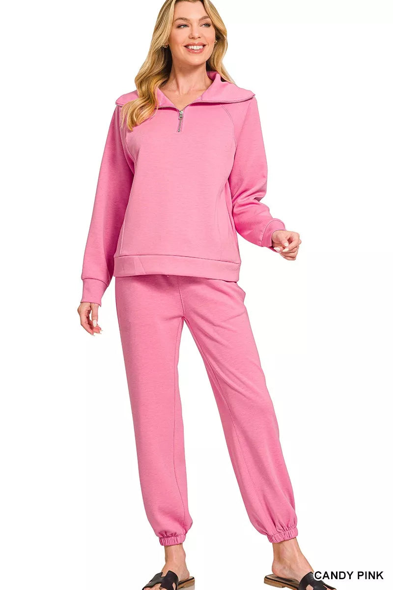 Zenana Scuba Half Zip Sweatshirts and Joggers Set CANDY PINK e1caade522ba4dcd88c6612d1d4f306d-Max-Origin