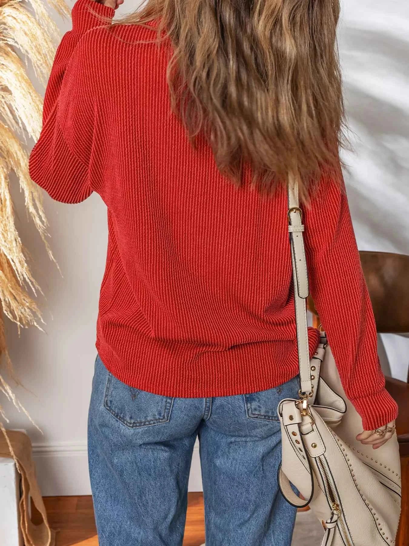 Twist Ribbed Half Button Collared Drawstring Top e1cbd7f55c1548a0b32a66f9f2e85b58-Max-Origin
