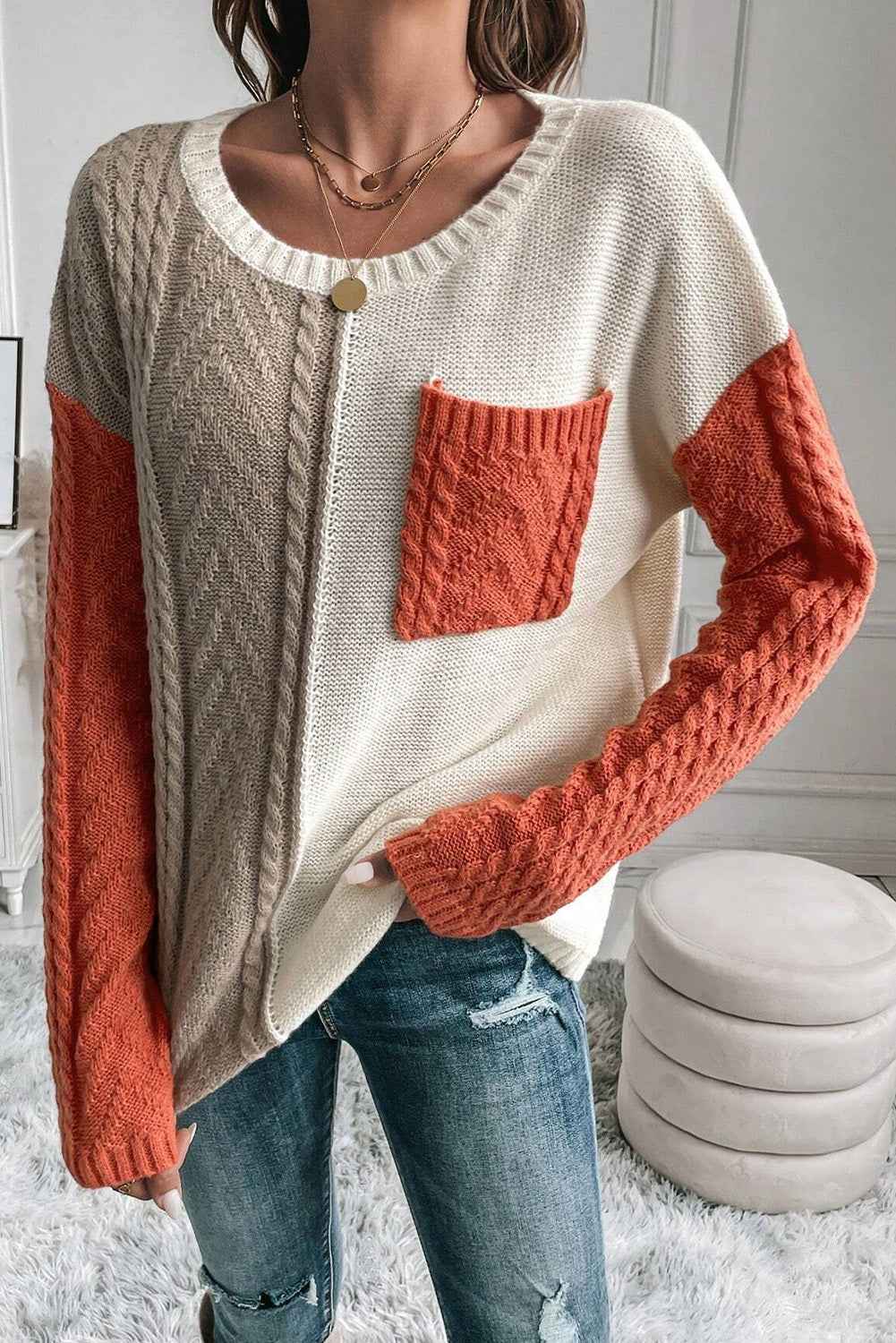 Vineyard Green Colorblock Pocket Drop Shoulder Sweater e1cc5d617623575d