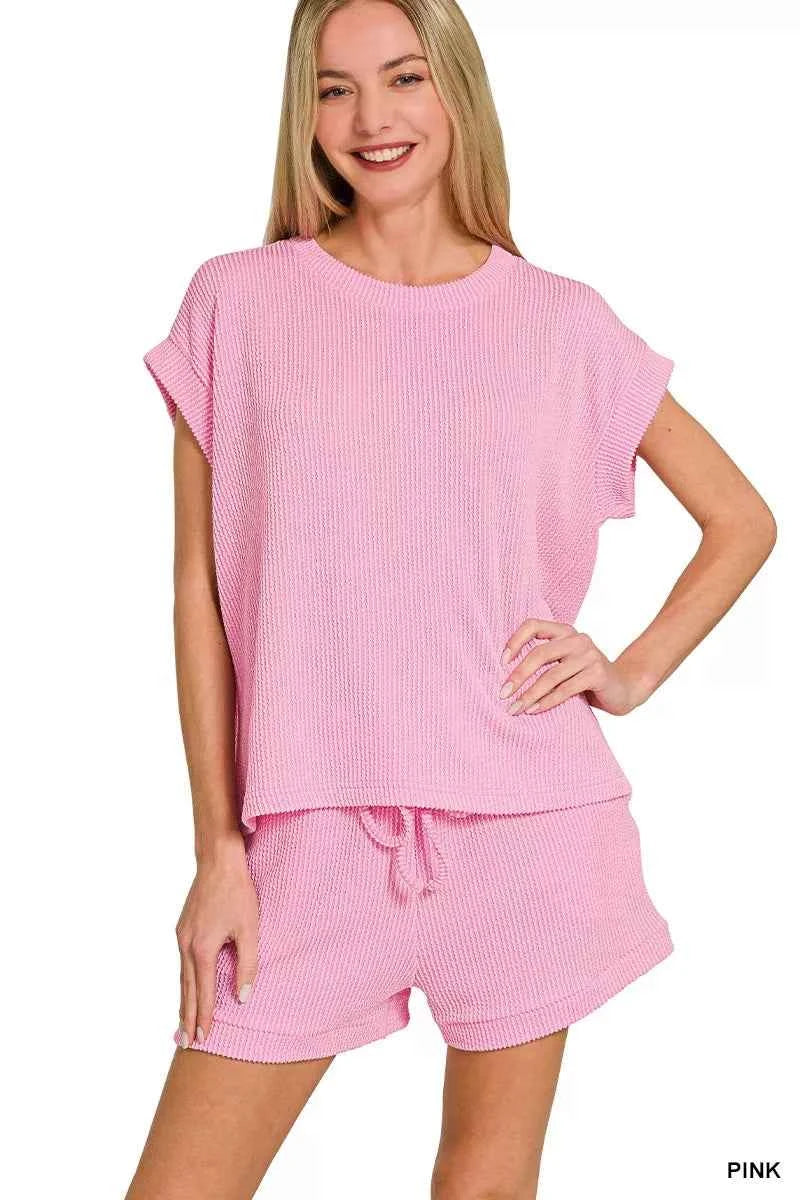 Zenana Raised Rib Cap Sleeve Top & Shorts Set PINK e1ea7a3ece1940f38cc84a63f446ff88-Max-Origin