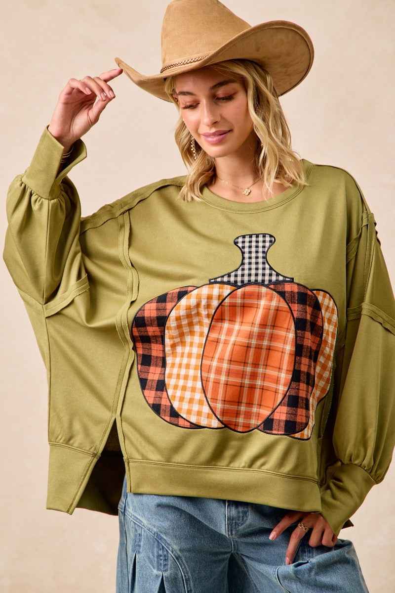 BiBi Plaid Mix Pumpkin Patchwork Cut Edge Detail Oversized French Terry Sweatshirt e1ed02a5-4128-435e-9d8d-3dacce46f0b9-Max