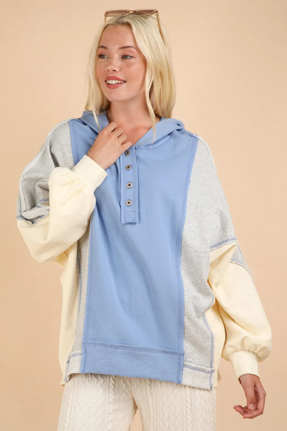 VERY J Exposed Seam Color Block Half Button Hoodie e1f12ddd-f843-4149-9e9c-e8ab88b67e04-Max