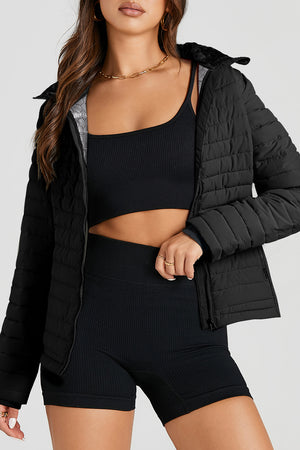 Black Solid Color Quilted Zip-up Puffer Jacket Black 100%Polyester e1f23801ab4a162d