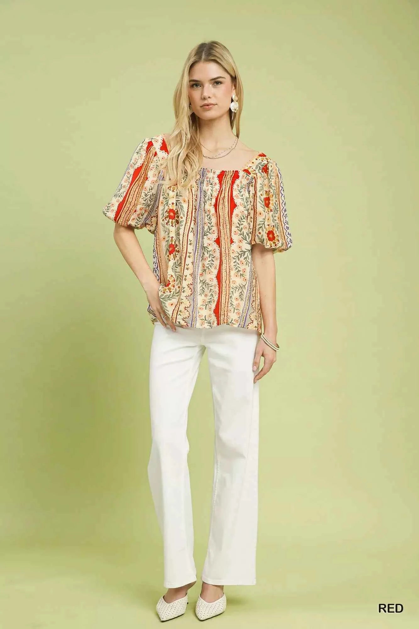 Umgee Patchwork Puff Sleeve Smocked Blouse e1f2dc75-909b-4bbc-87f2-36cd94ece366-Max-Origin
