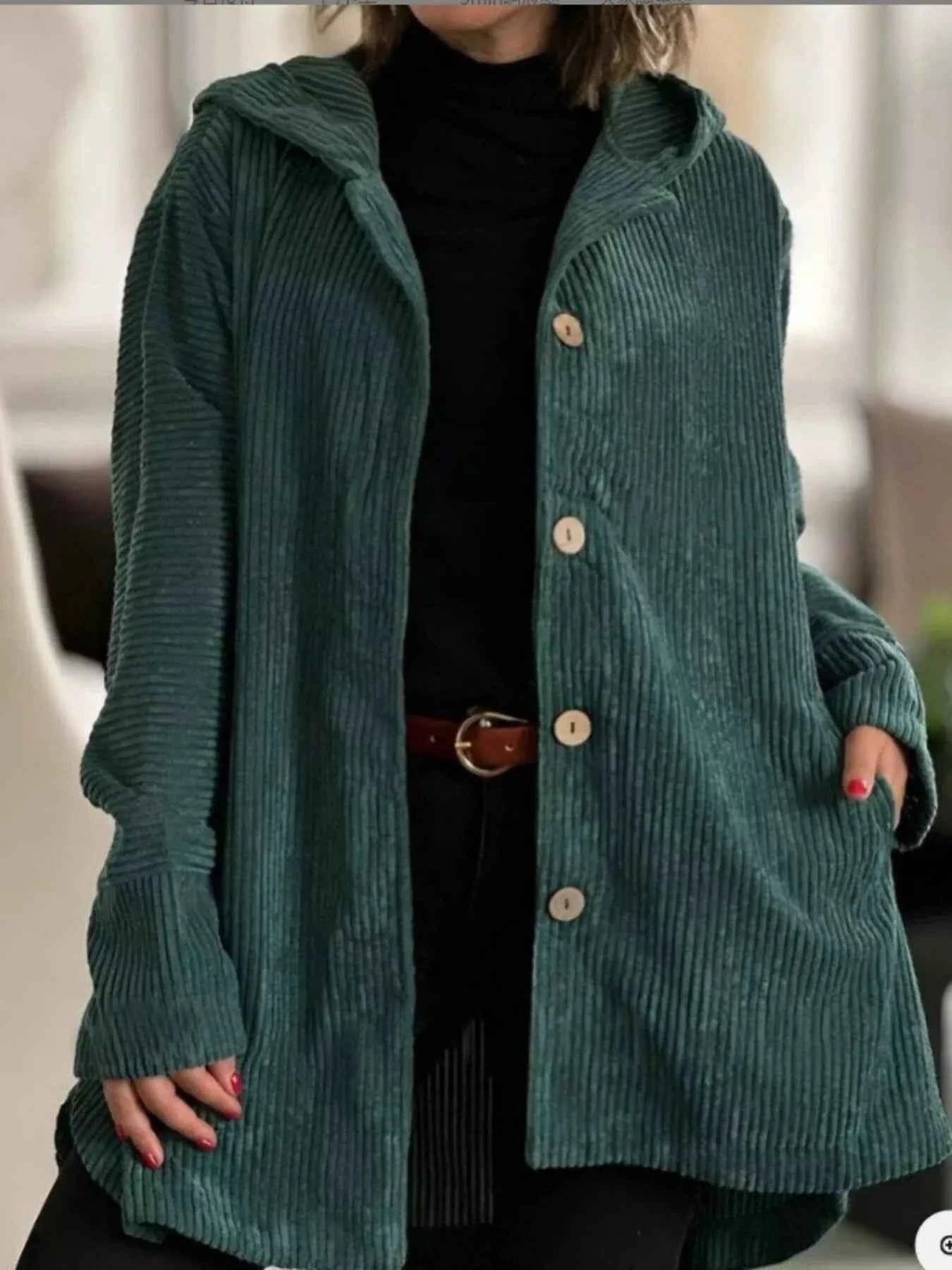 Full Size Corduroy Hooded Button-Up Jacket Plus Size Green e1f3e70fc80a4e038be7803691d4677a-Max-Origin