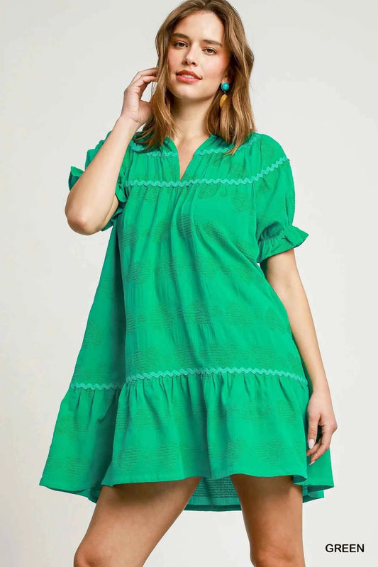 Umgee Heart Pattern Short Sleeve Ruffle Babydoll Dress Green e1f8f9c2-8dee-4521-9a67-13293ac4f865-Max-Origin