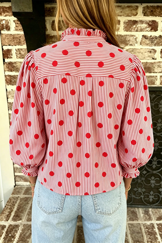 Fiery Red ka Dot Striped Print Ruffle Stand Neck 3/4 Sleeve Shift Shirt e1f9b815b2fb0b22