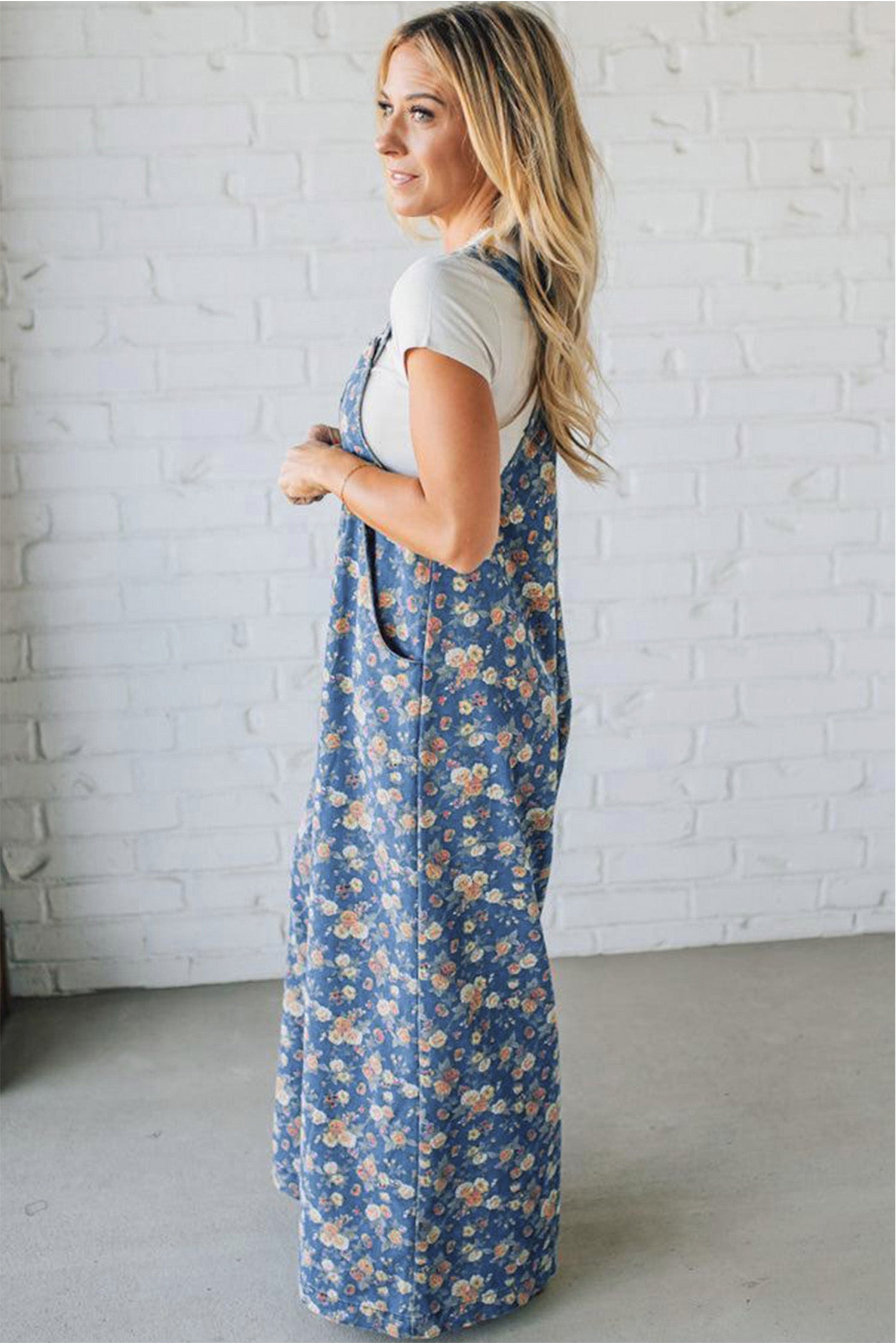 Blue Vintage Rose Printed Pleated Loose Denim Overall Jumpsuit e1f9d383208bc2b9