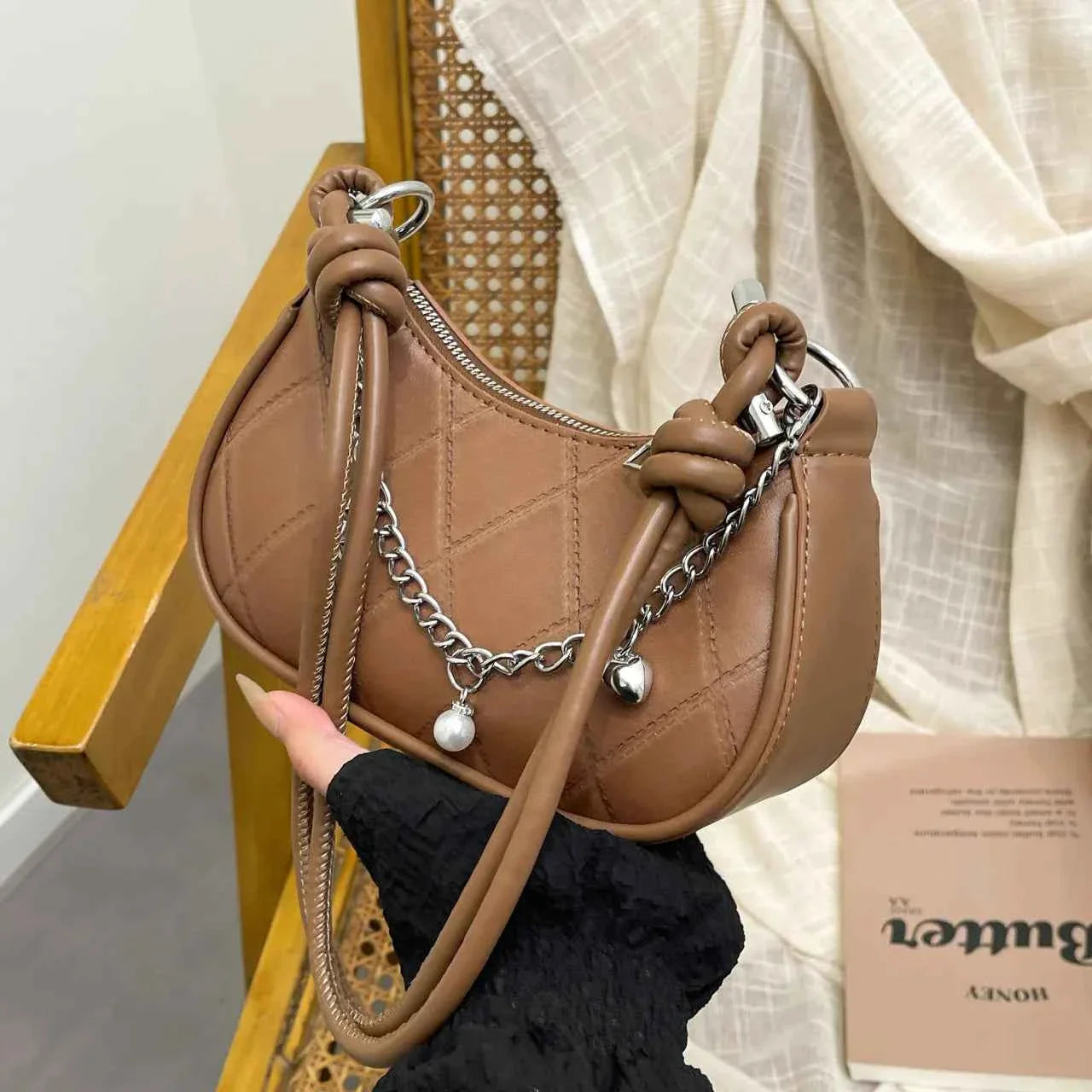 Chain Detail Crescent Shoulder Bag Brown onesize e1fb14f440ff4129ba324d1c25dce126-Max-Origin