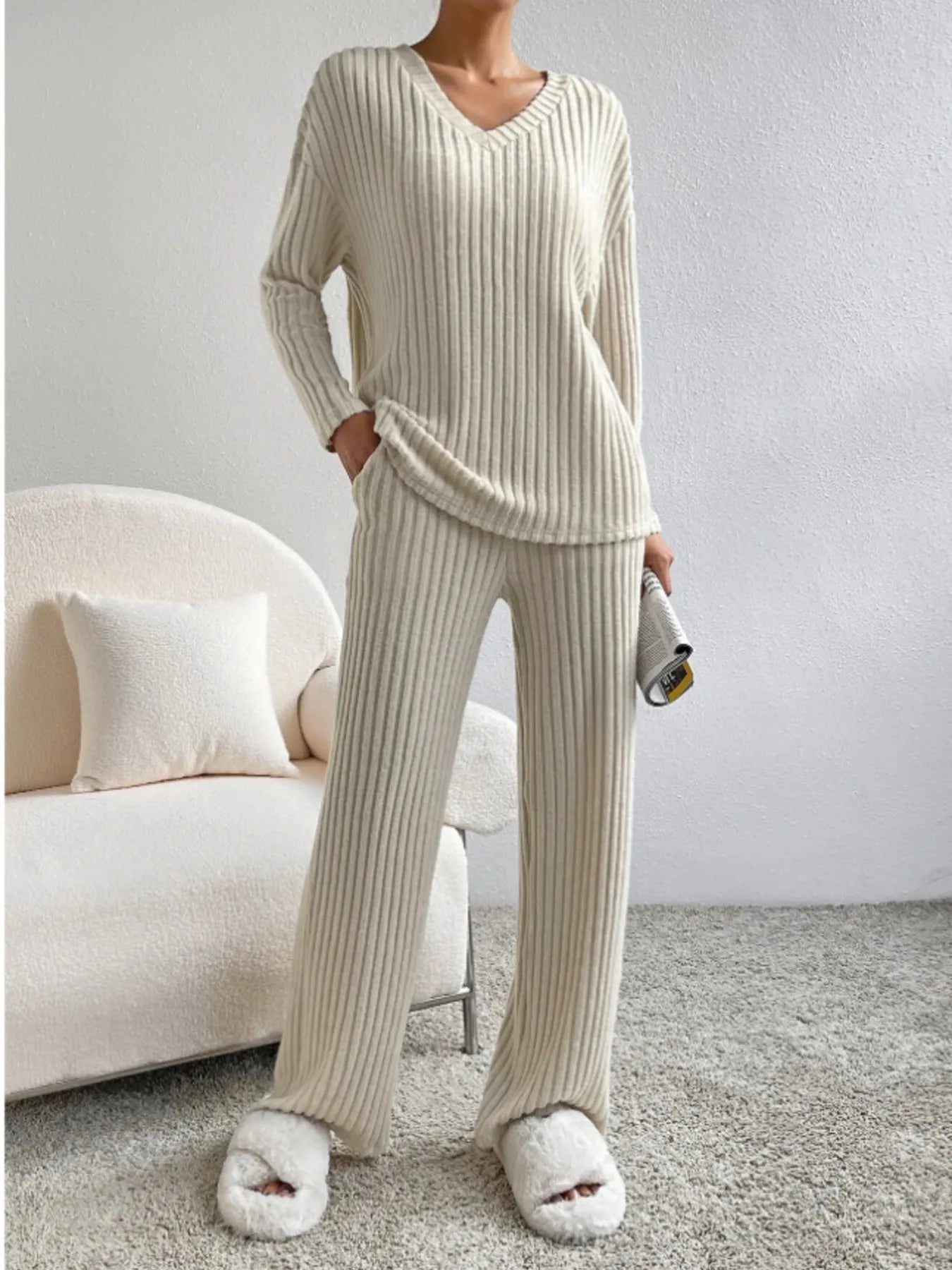 Ribbed Knit V-Neck Top and Pants Lounge Set Tan e200e91cb0ae4742b9d60c1795da35f8-Max-Origin