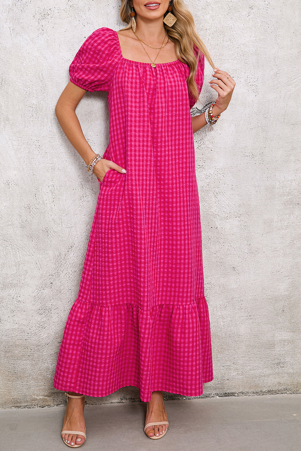 Rose Plaid Square Neck Puff Sleeve Maxi Dress e201610dbdbff087