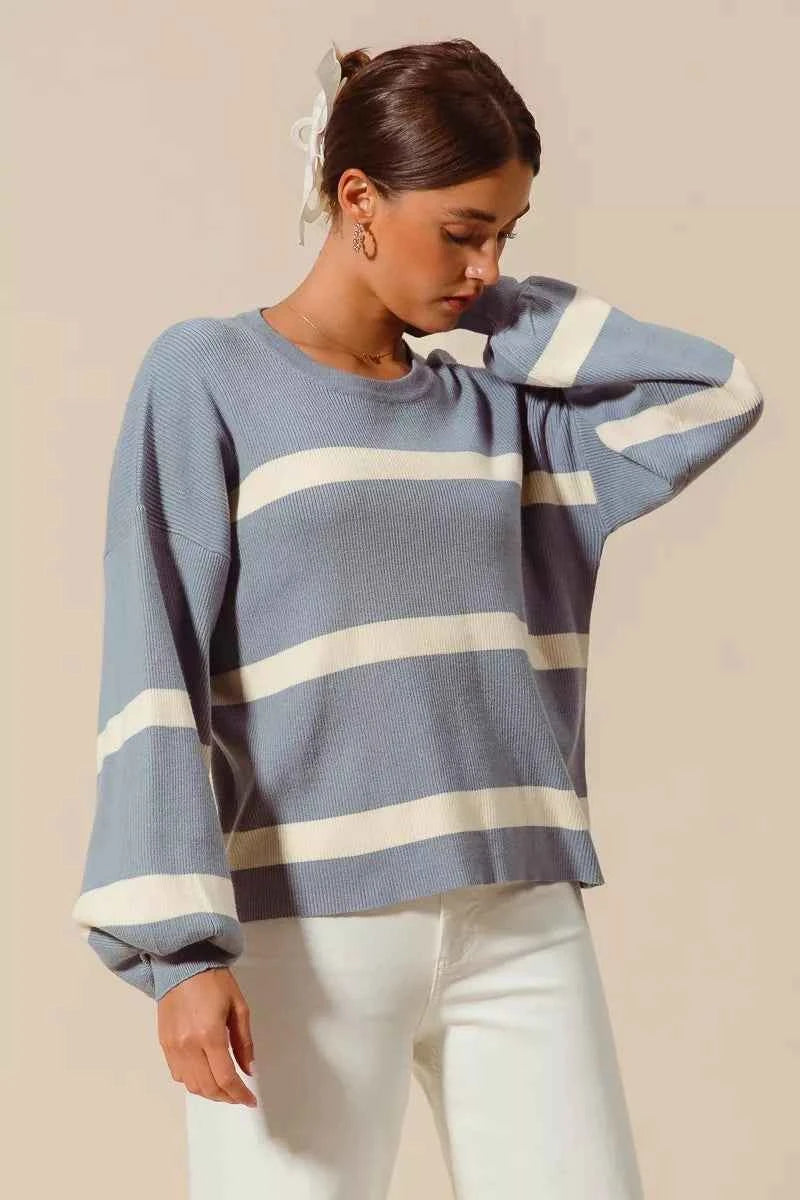 SO ME Ribbed Striped Round Neck Sweater e206310d2b5d4270a95ea18181344aca-Max-Origin