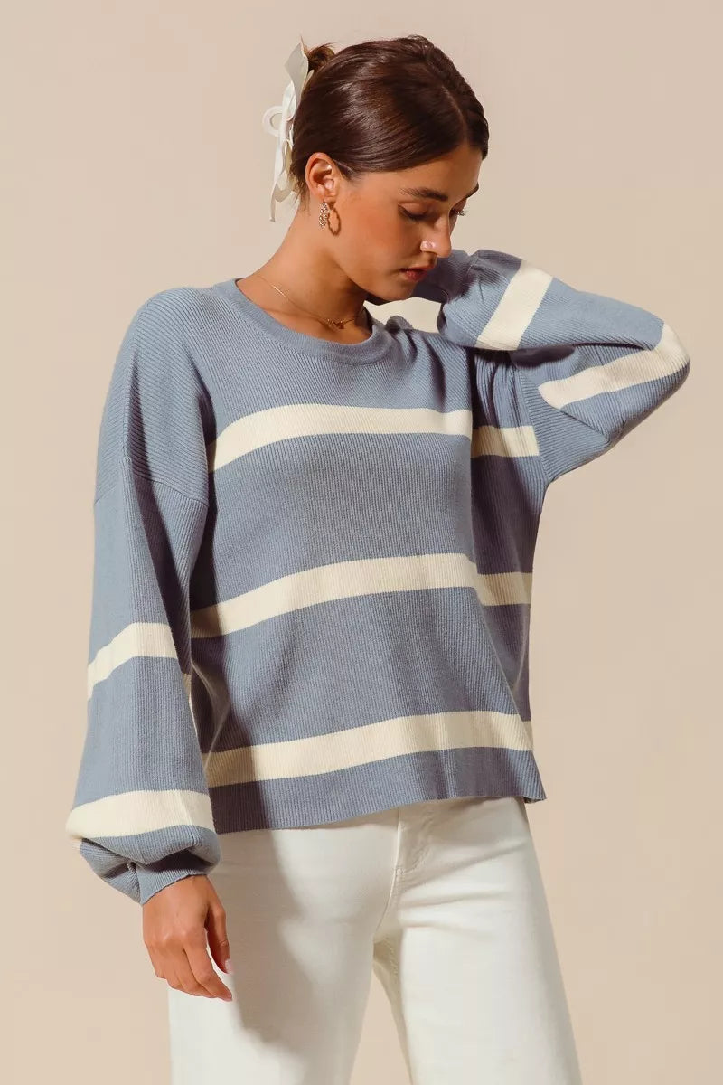 SO ME Ribbed Striped Round Neck Sweater e206310d2b5d4270a95ea18181344aca-Max-Origin