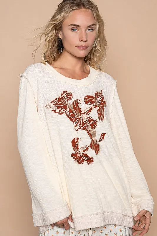POL Embroidered Round Neck Long Sleeve Knit Top Cream e20a2362-c838-4a14-affe-e806e479fc09-Max