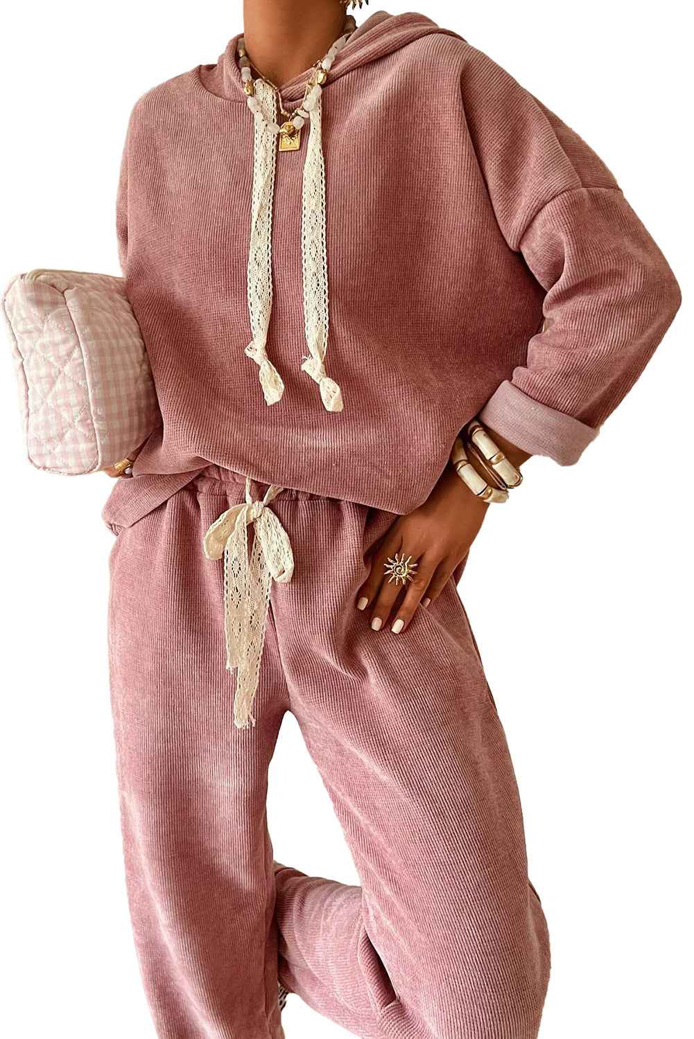 Jet Stream Drawstring Pullover Hoodie and High Waist Pants Corduroy Suit e20c432a108ef2e4
