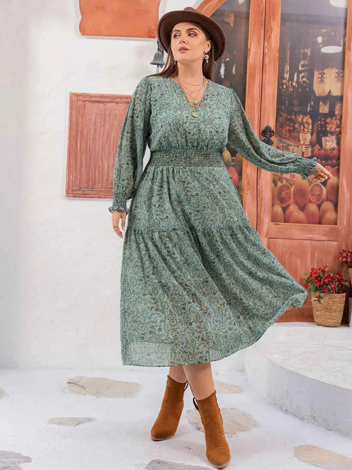 Plus Size Printed V-Neck Long Sleeve Midi Dress Sage e20c928f-279d-479b-8691-c9dabbb13b1e-Max-Origin