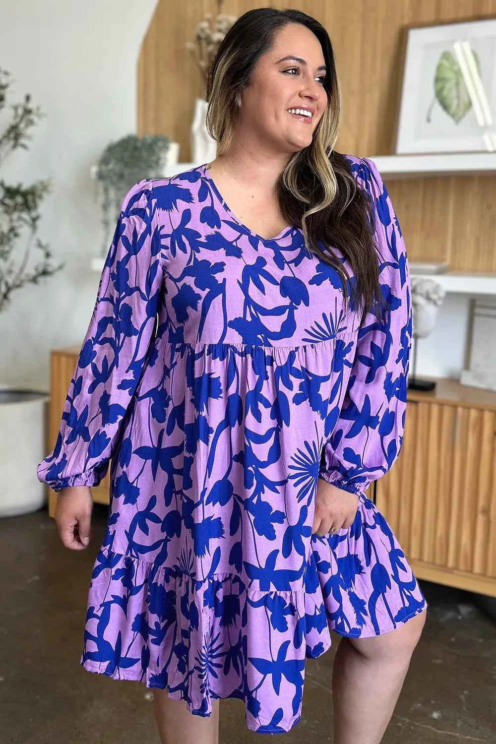 Double Take Full Size Printed Ruffle Hem Dress with Pocket e20eb0e2-3b4d-4706-a773-867fb81b5abb-Max