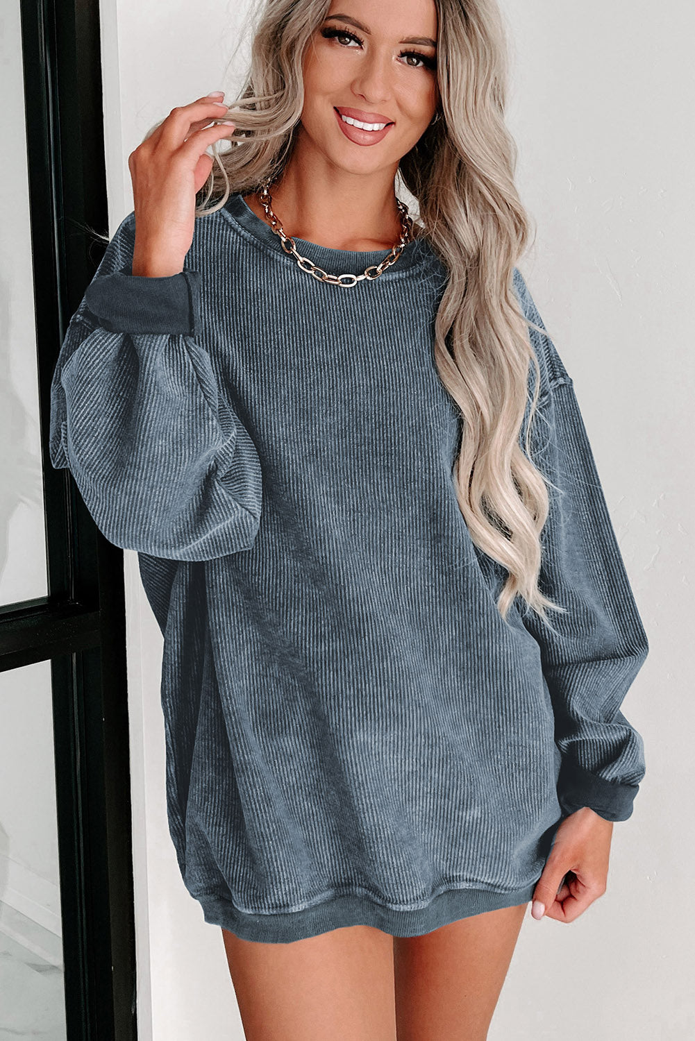 Green Ribbed Round Neck Drop Sleeve Pullover Sweatshirt e211dd1367f5ffe4