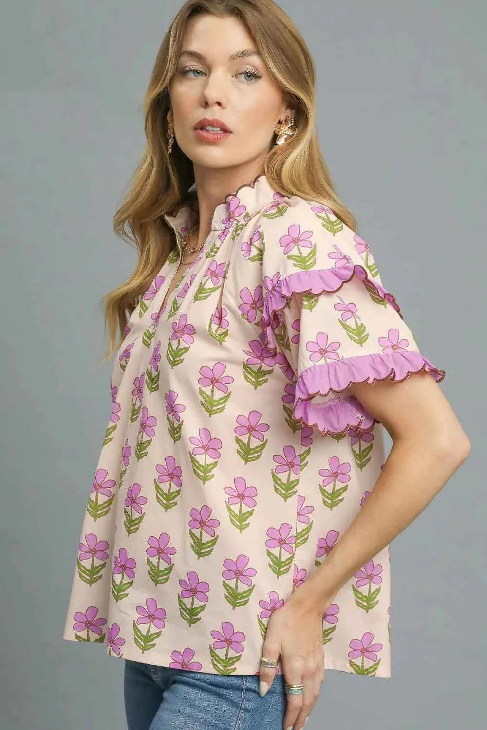 Umgee Floral Print Ruffle Short Sleeve Blouse e21313b6-5c3e-4e46-97ce-129bfee7a463-Max-Origin
