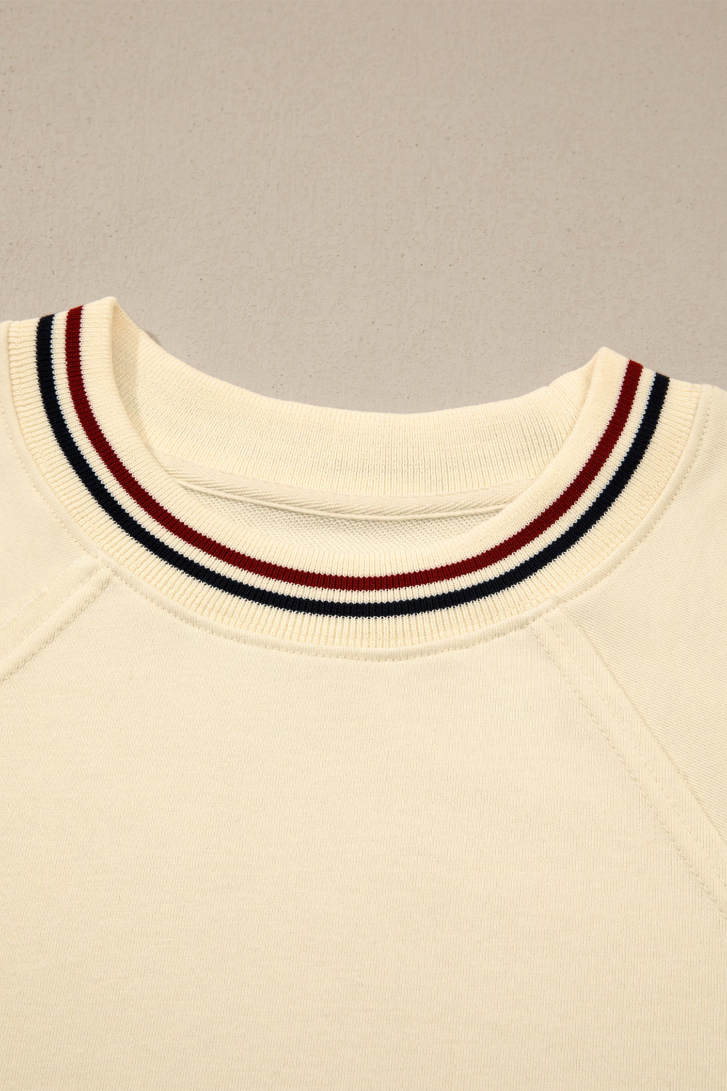 Beige Contrast Varsity Striped Neckline Cuffed Short Sleeve Loose Tunic Top e2176a452831c716