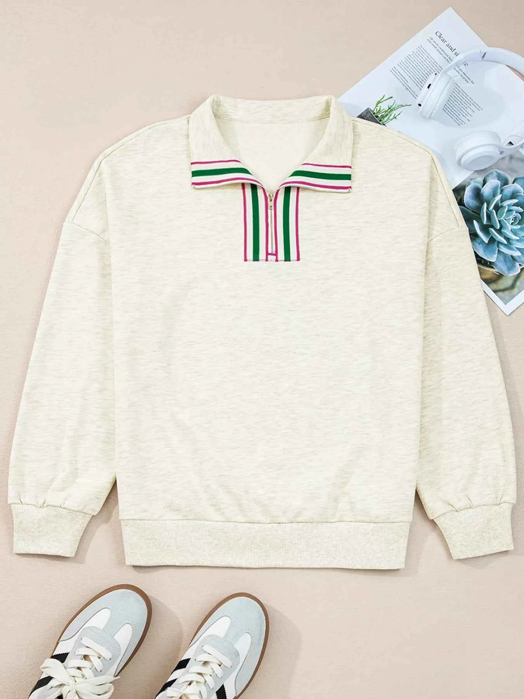 Contrast Striped Patchwork Zip Collar Sweatshirt e218de9765bf4942b0110426b2c79c40-Max-Origin