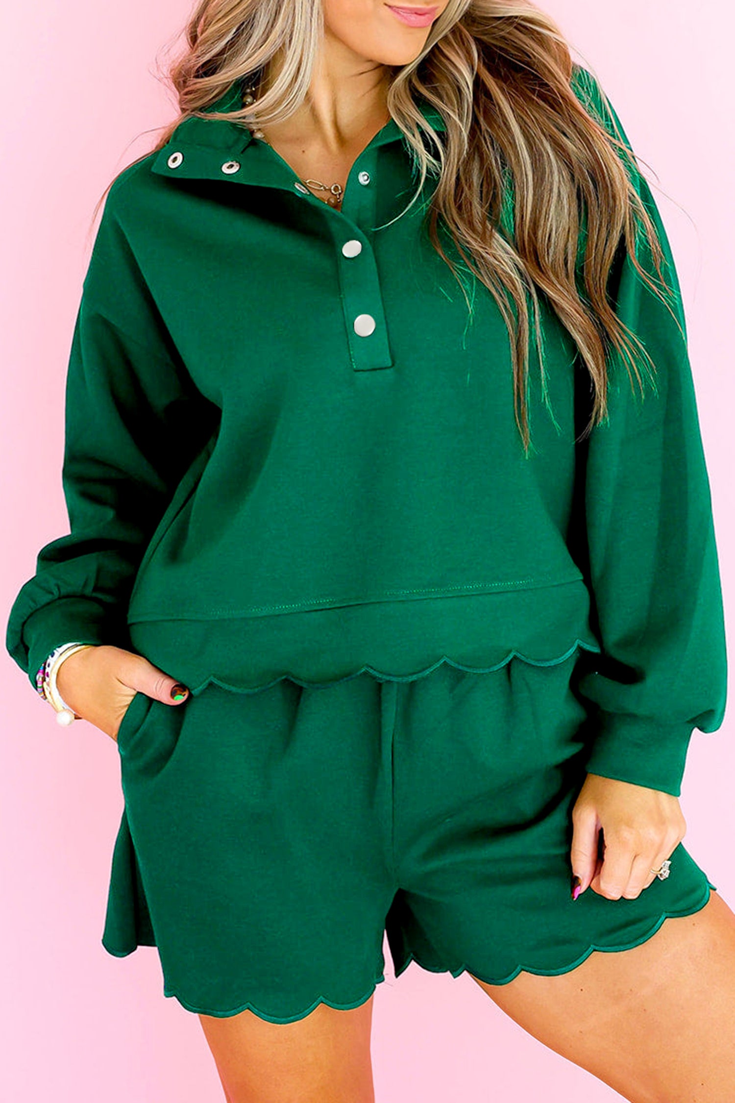 Blackish Green Embroidered Scallop Trim Half Button Pullover Casual Shorts Set Blackish Green 50%Polyester+45%Viscose+5%Elastane e21a23943e7ee8f7