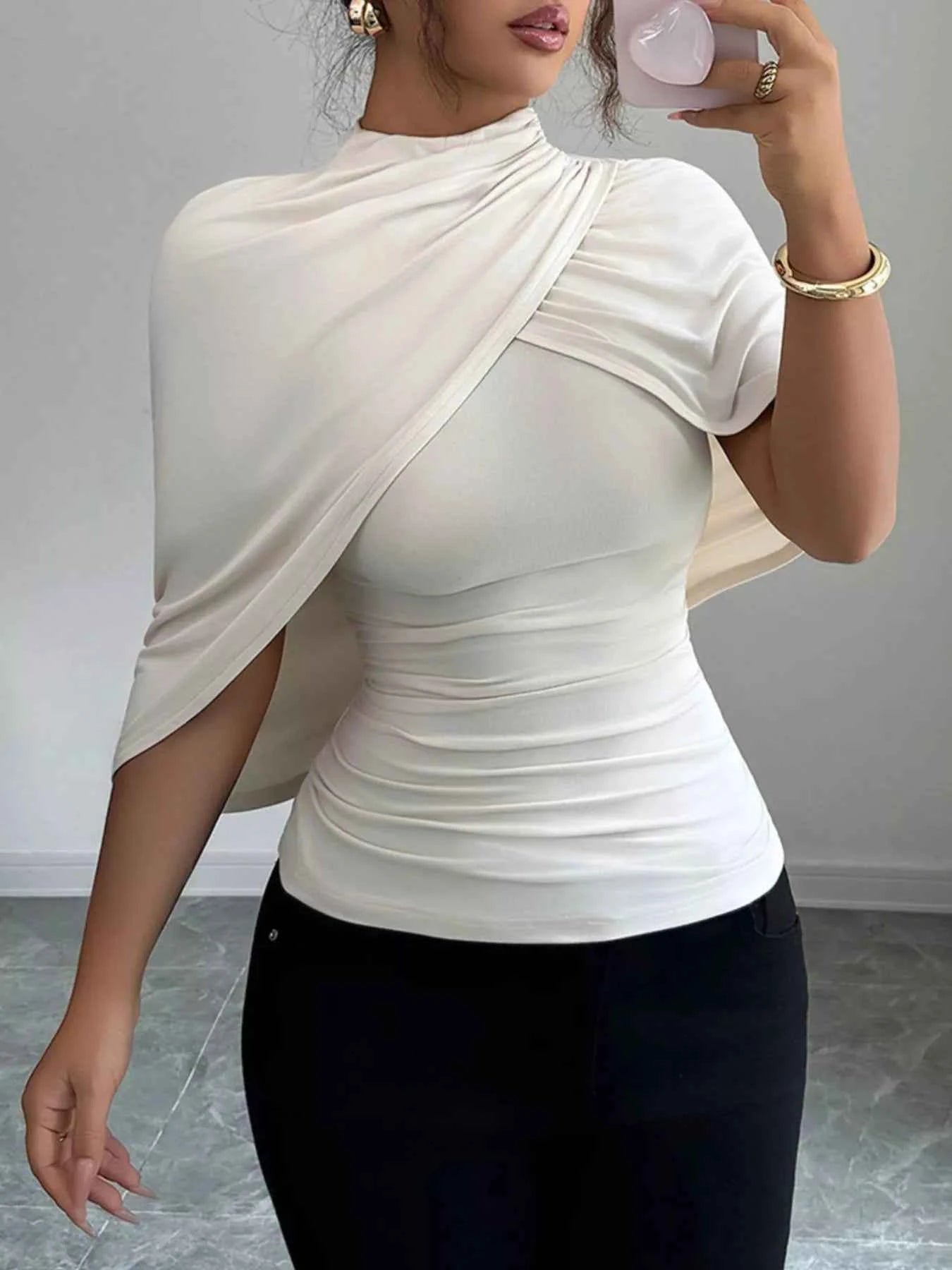 Ruched Mock Neck Shawl Half Sleeve Top e21b8a83-66cf-48ee-ba1e-7ac549f40f8e-Max-Origin