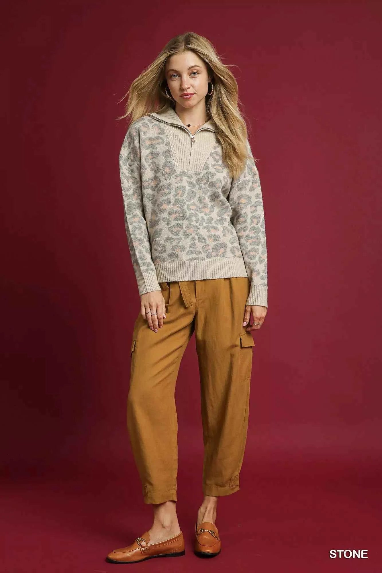 Umgee Leopard Print Quarter-Zip Knit Sweater e21d8d7c-4e99-4f99-998d-8379ac255d5c-Max-Origin