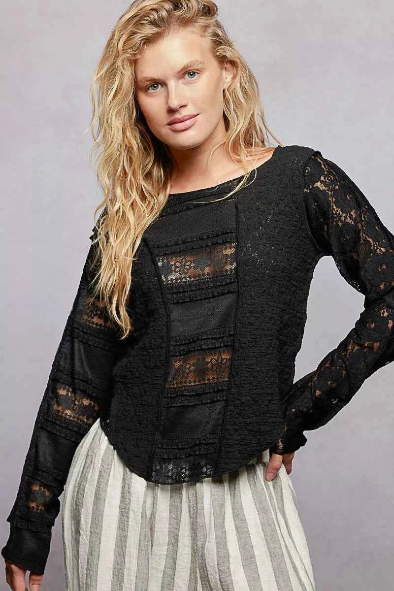 POL Round Neck Long Sleeve Exposed Seam Top with Lace Detail e21de915-125f-439a-b64b-10b72949876f-Max-Origin
