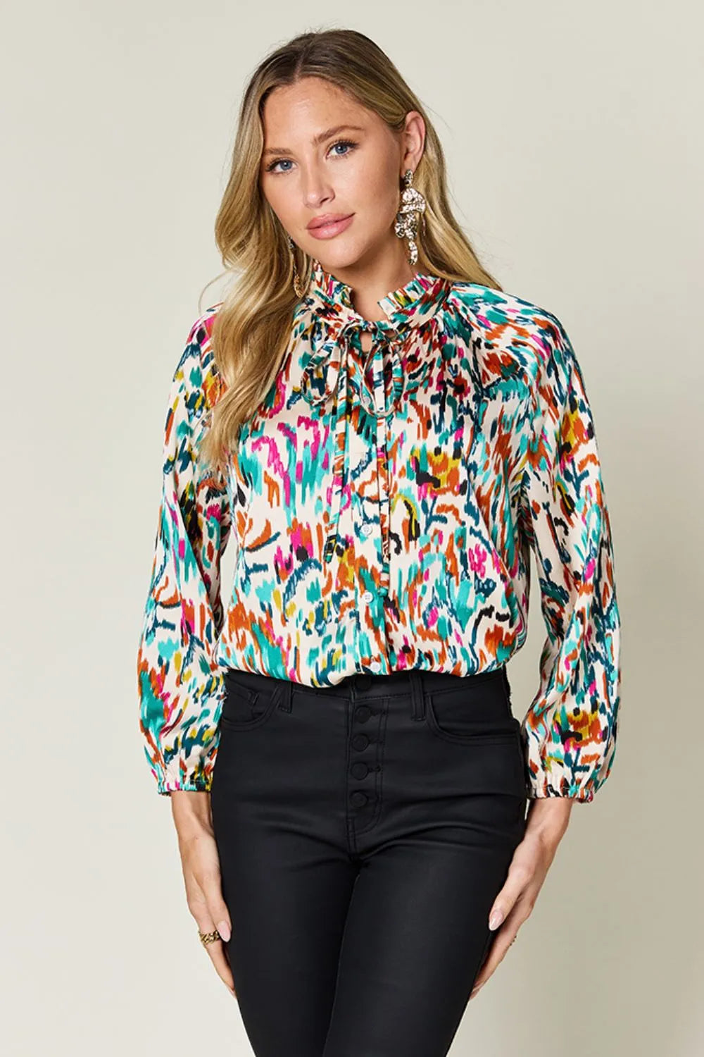 Double Take Full Size Printed Button Up Long Sleeve Shirt Teal e21e9c06-87b4-4c83-b16c-f6f8f19a6b9a-Max