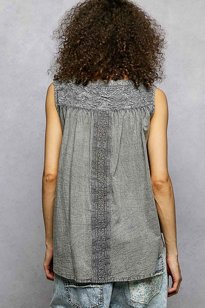 POL Button Down Round Neck Tank with Crochet Contrast e22195df-2dd9-46f9-a143-f5344291bdbc-Max