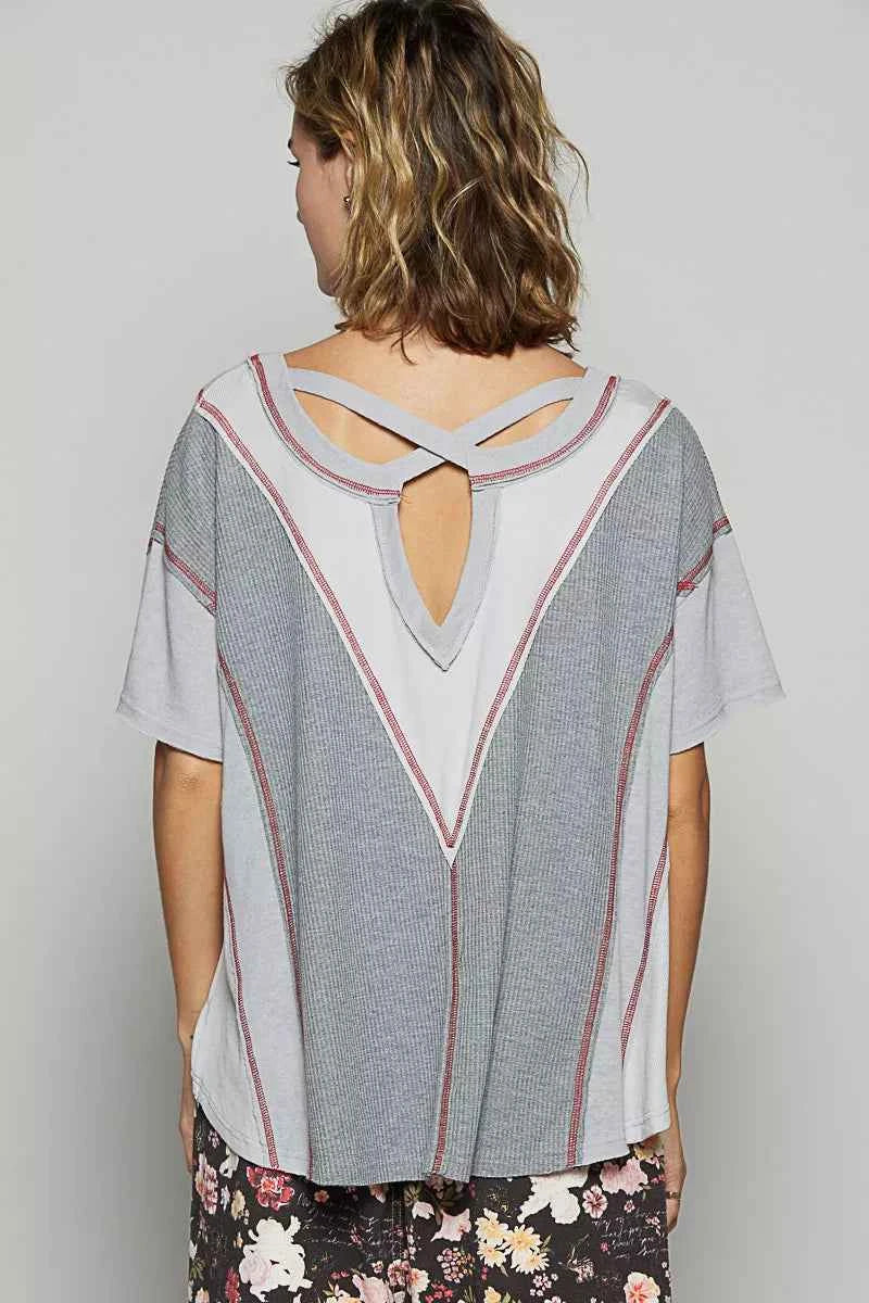 POL Round Neck Short Sleeve Contrast Stitching Top with Back Strap Detail e222a18c-ef8b-474a-8c6b-60582b1c9bb2-Max-Origin