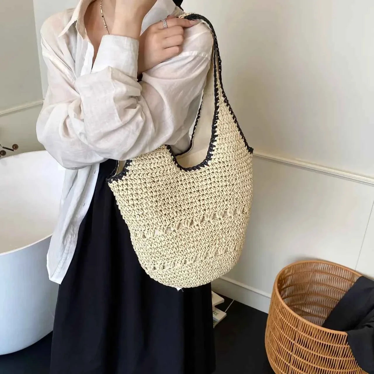 Woven Straw Shoulder Bag with Contrast Trim e223272b16b8486c86dc7c1a40ed77a8-Max-Origin