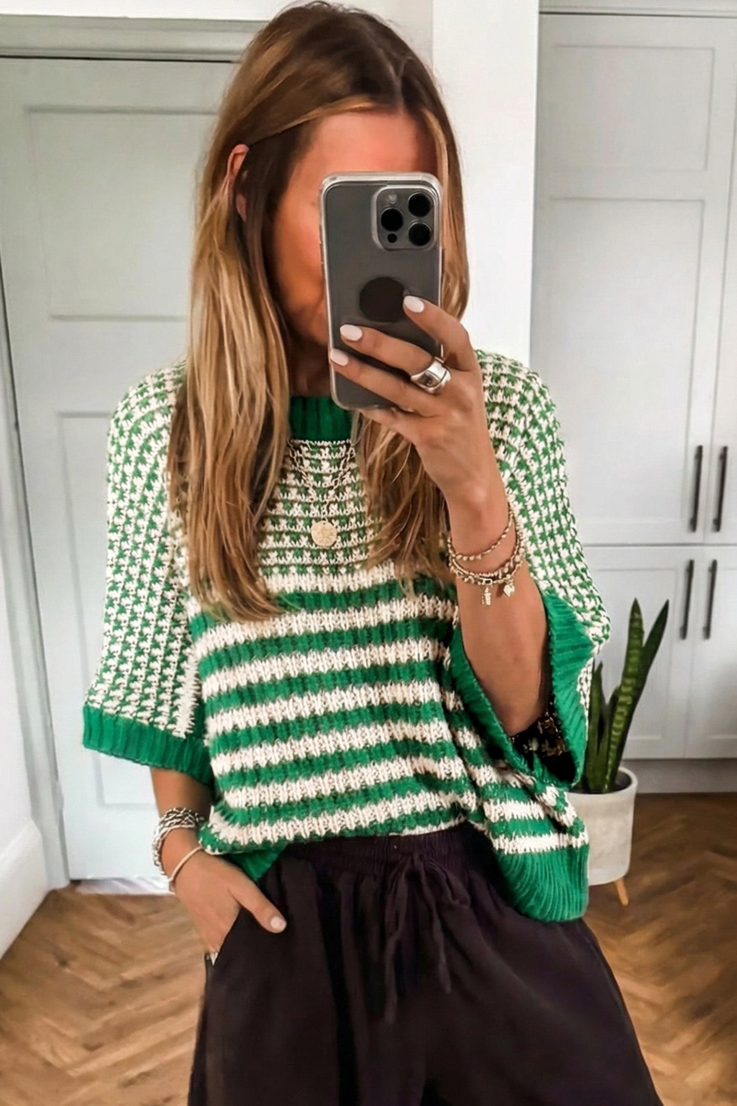 Green Stripe 3/4 Draped Sleeve Slouchy Sweater e224593e3604e378