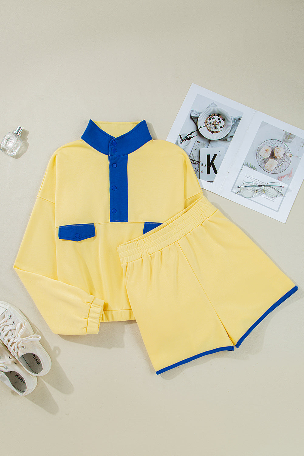 Yellow Color Block Patchwork Half Button Pullover and Shorts 2pcs Outfit e227c6333a0bd25a