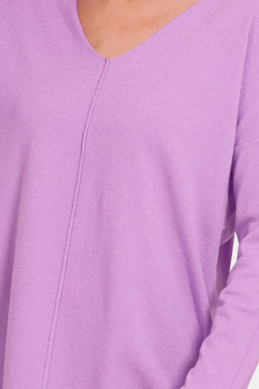 Slit V-Neck Dropped Shoulder Sweater e2285e5b-1180-40fb-9789-425a3c91b2a9-Max