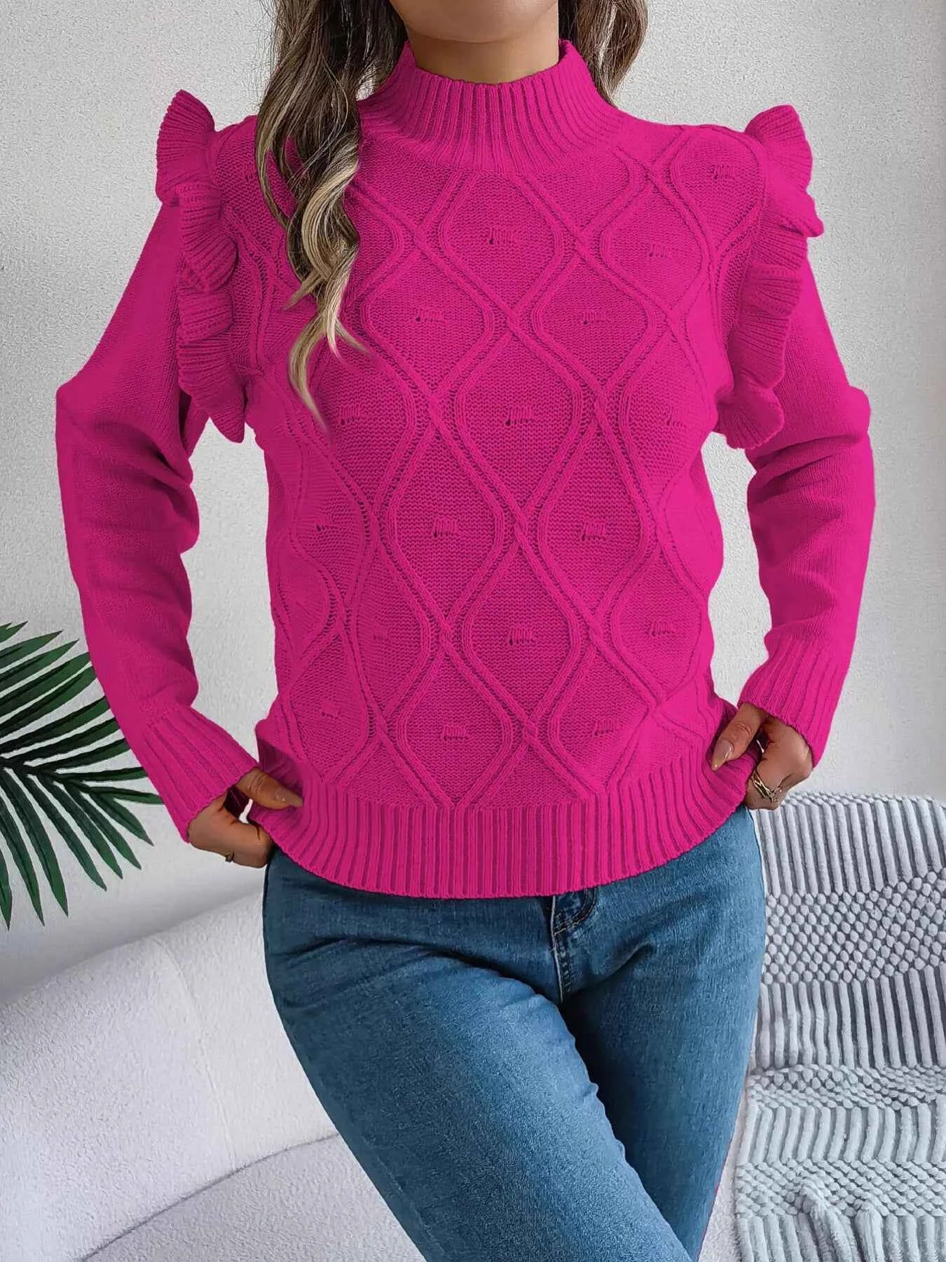 Mock Neck Ruffle Trim Long Sleeve Sweater e22988d4843246f88fbacf1287512c5f-Max-Origin